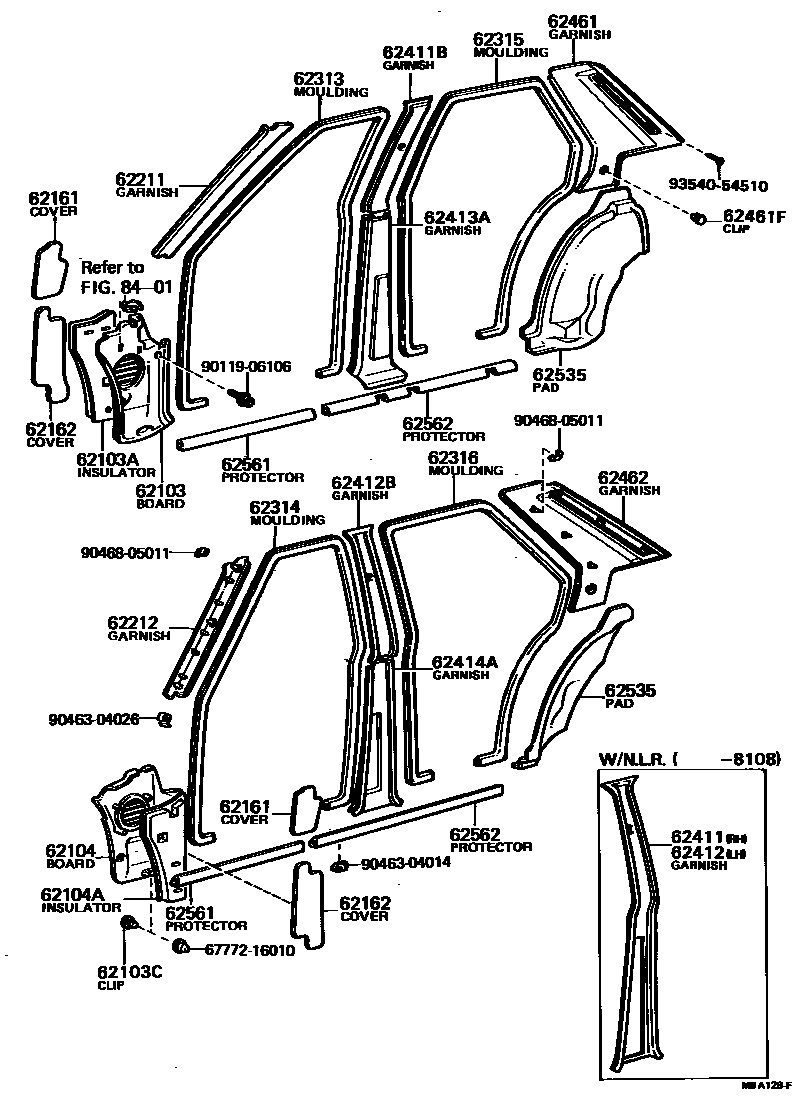 Toyota COROLLA 内饰板和车门防水胶条 EPC diagram — MBA128F