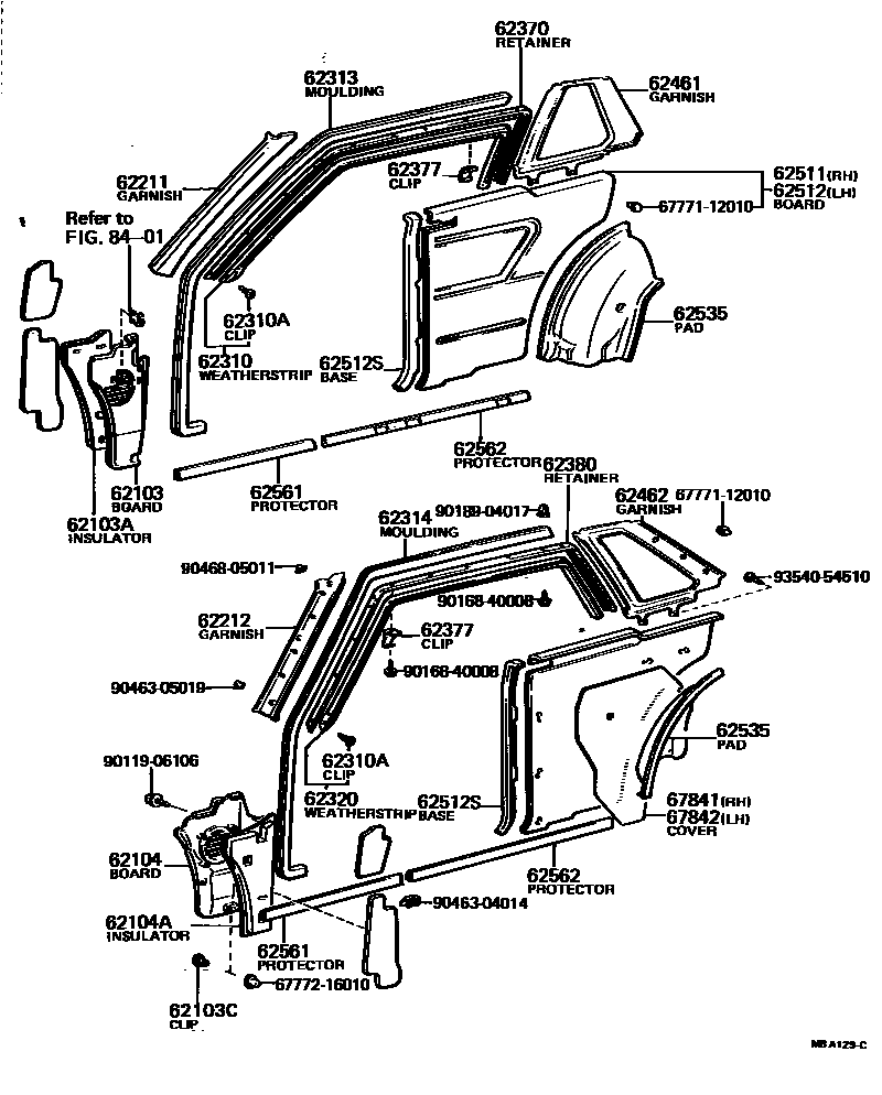 Toyota COROLLA 内饰板和车门防水胶条 EPC diagram — MBA129C