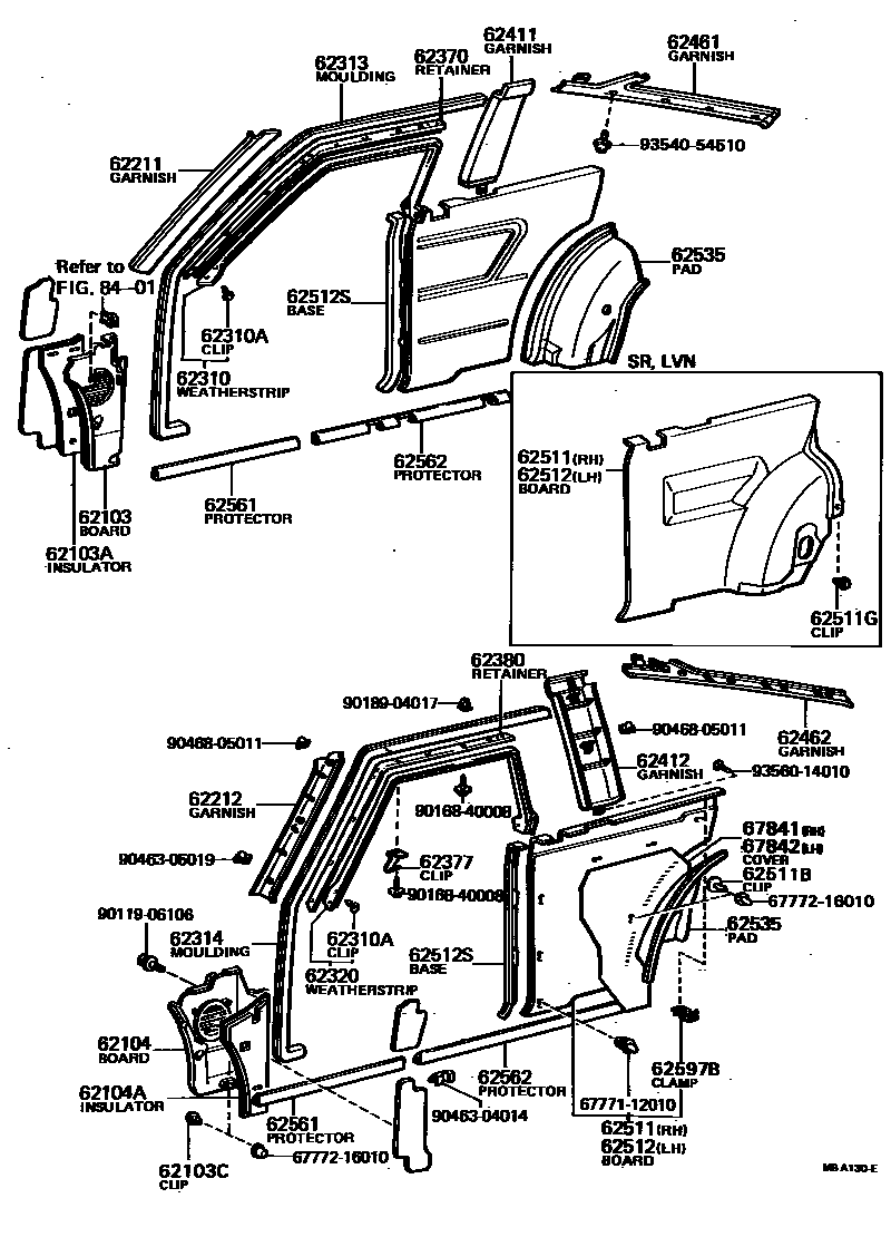 Toyota COROLLA 内饰板和车门防水胶条 EPC diagram — MBA130E