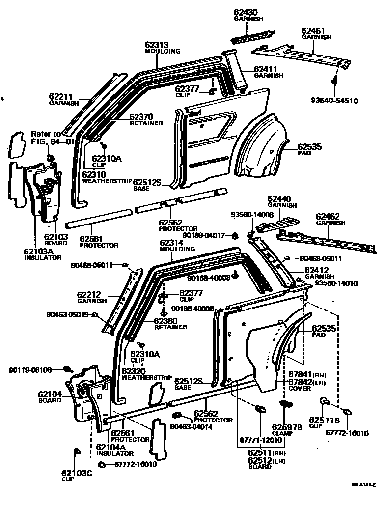 Toyota COROLLA 内饰板和车门防水胶条 EPC diagram — MBA131E