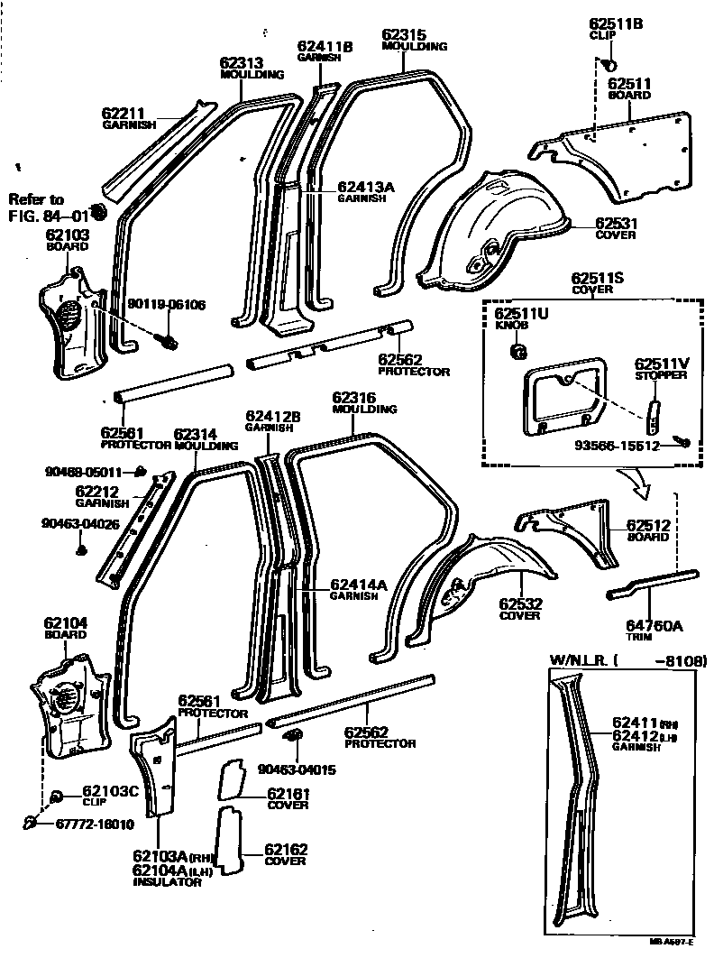 Toyota COROLLA 内饰板和车门防水胶条 EPC diagram — MBA597E
