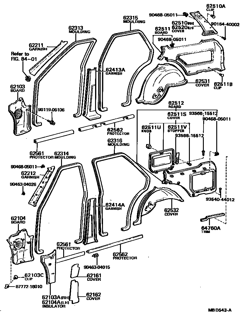 Toyota COROLLA 内饰板和车门防水胶条 EPC diagram — MBD543A