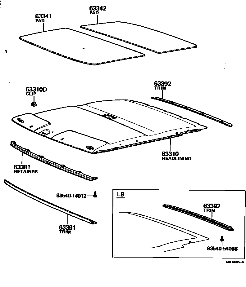 Toyota COROLLA 车顶内衬和消声垫 EPC diagram — MBA065A