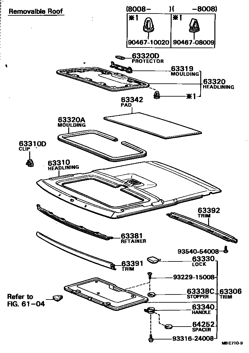 Toyota COROLLA 车顶内衬和消声垫 EPC diagram — MBC710B