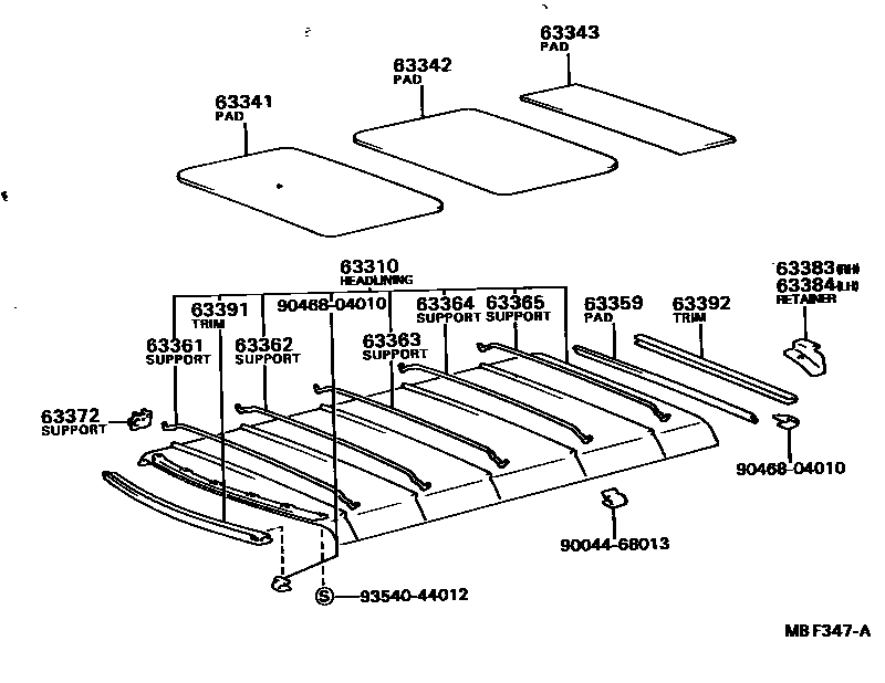 Toyota COROLLA 车顶内衬和消声垫 EPC diagram — MBF347A