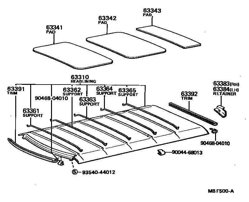 Toyota COROLLA 车顶内衬和消声垫 EPC diagram — MBF500A