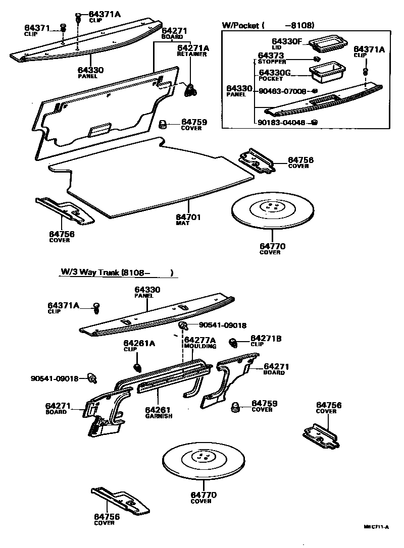 Toyota COROLLA 杂物箱板和行李箱垫 EPC diagram — MBC711A