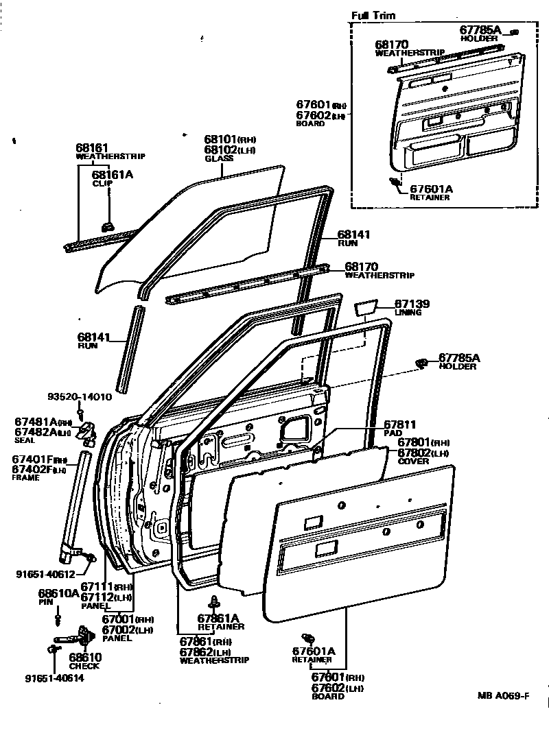 Toyota COROLLA 前门板和前门玻璃 EPC diagram — MBA069F