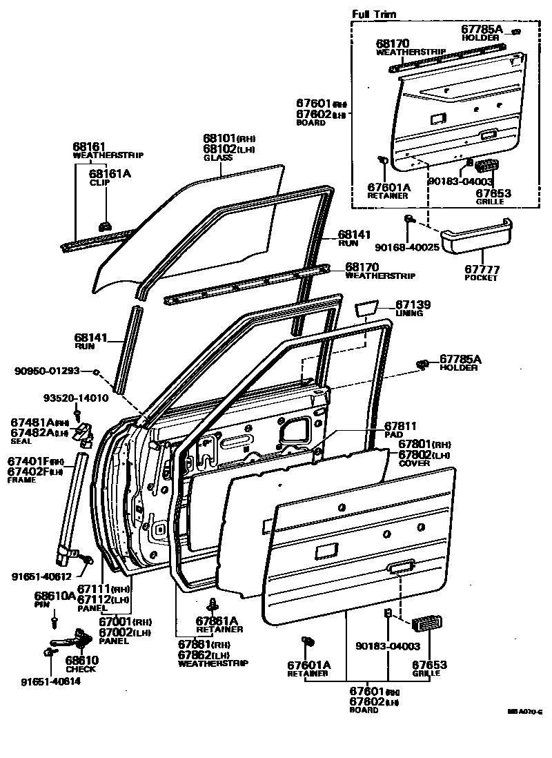 Toyota COROLLA 前门板和前门玻璃 EPC diagram — MBA070G