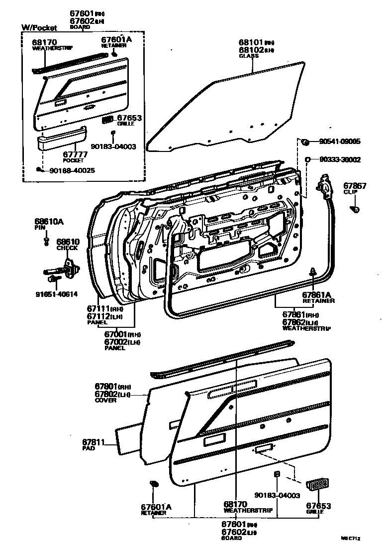 Toyota COROLLA 前门板和前门玻璃 EPC diagram — MBC712