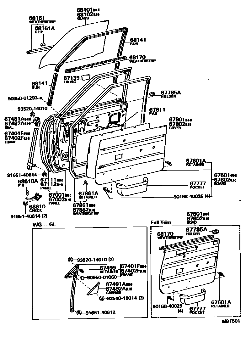 Toyota COROLLA 前门板和前门玻璃 EPC diagram — MBF501
