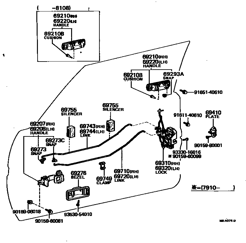 Toyota COROLLA 前门锁和车门把手 EPC diagram — MBA074D