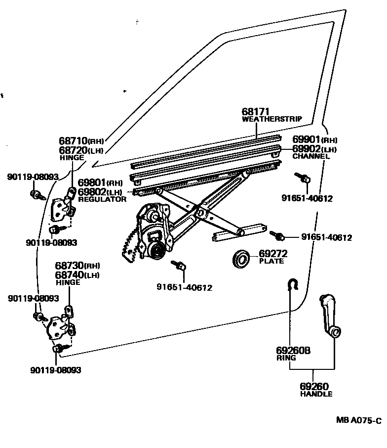 Toyota COROLLA 前门车窗升降器和合页 EPC diagram — MBA075C