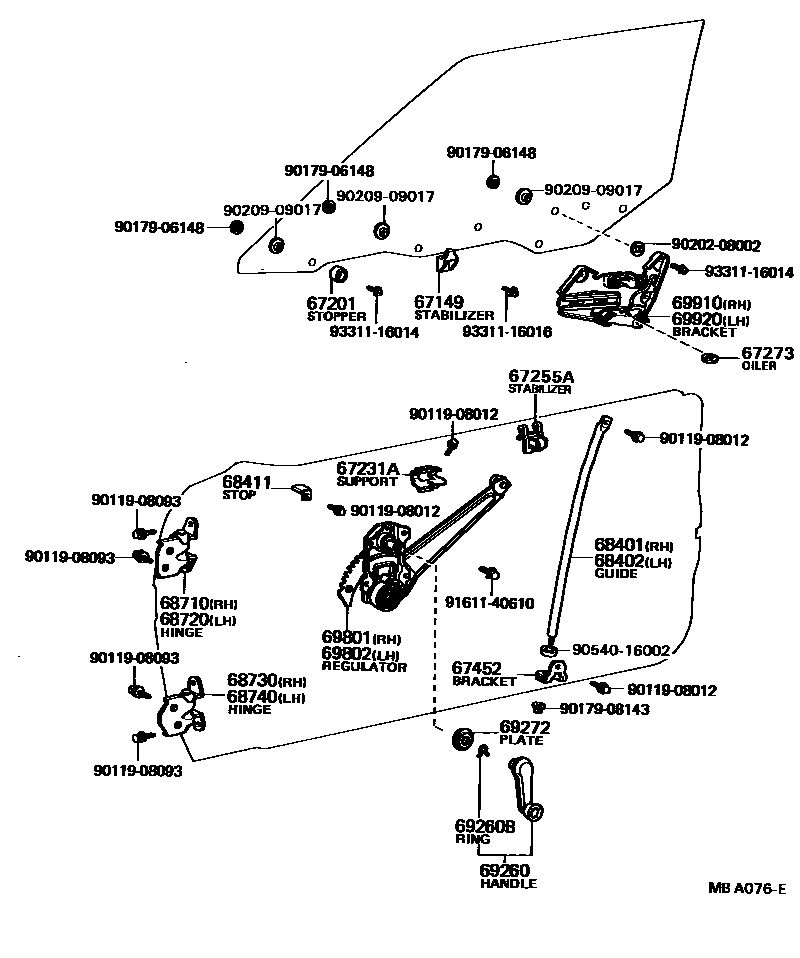 Toyota COROLLA 前门车窗升降器和合页 EPC diagram — MBA076E