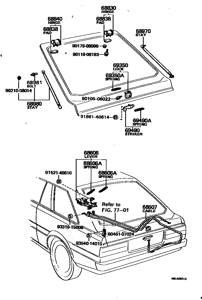 Toyota COROLLA 背门锁和背门把手 EPC diagram — MBA083D