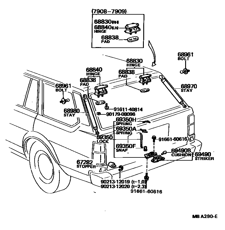 Toyota COROLLA 背门锁和背门把手 EPC diagram — MBA290E