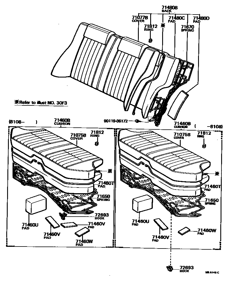 Toyota COROLLA 后排座椅和座椅滑轨 EPC diagram — MBA146C