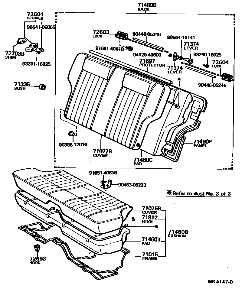 Toyota COROLLA 后排座椅和座椅滑轨 EPC diagram — MBA147D