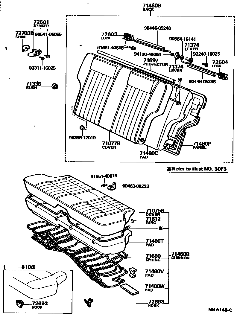 Toyota COROLLA 后排座椅和座椅滑轨 EPC diagram — MBA148C