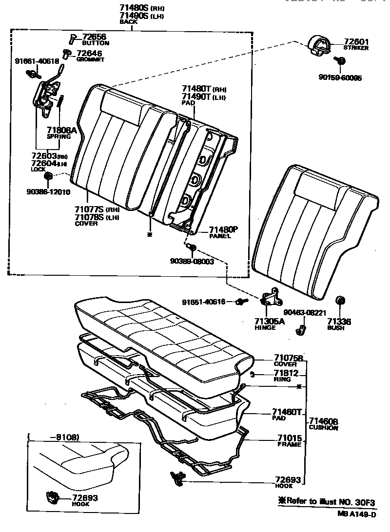 Toyota COROLLA 后排座椅和座椅滑轨 EPC diagram — MBA149D
