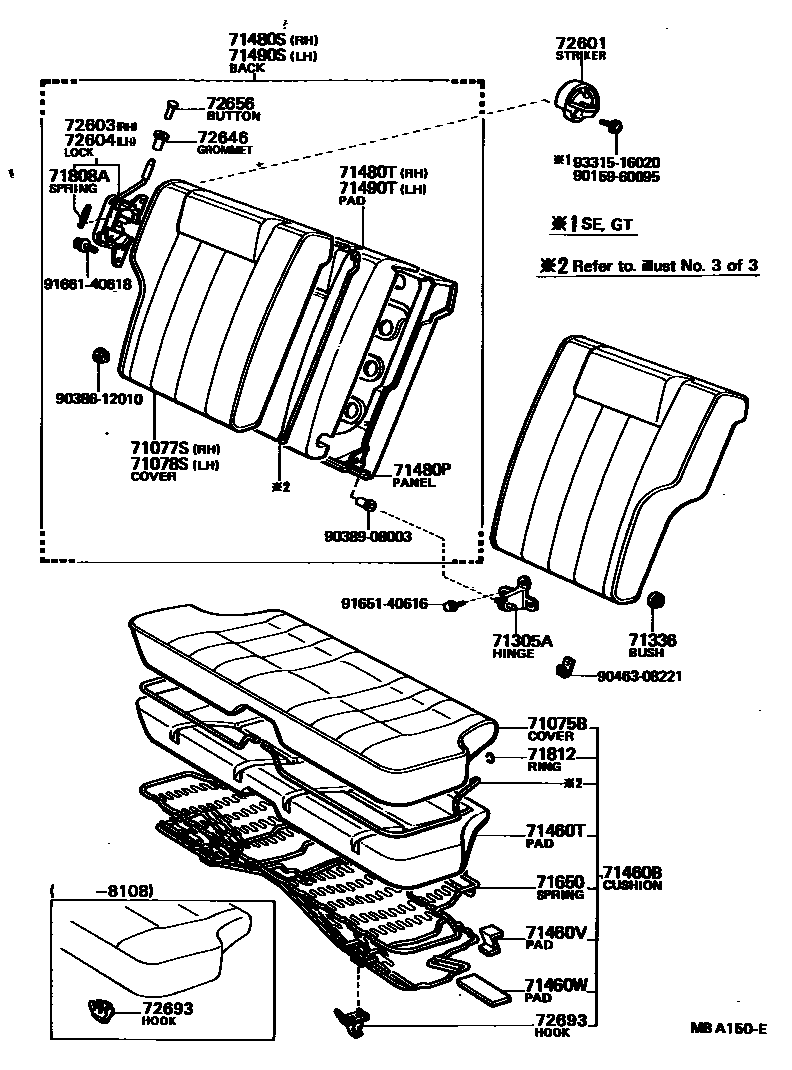 Toyota COROLLA 后排座椅和座椅滑轨 EPC diagram — MBA150E