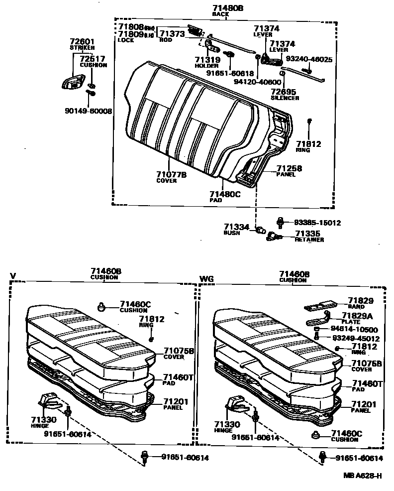 Toyota COROLLA 后排座椅和座椅滑轨 EPC diagram — MBA628H