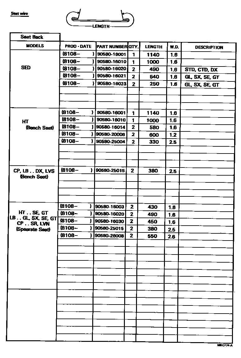 Toyota COROLLA 后排座椅和座椅滑轨 EPC diagram — MBC774A