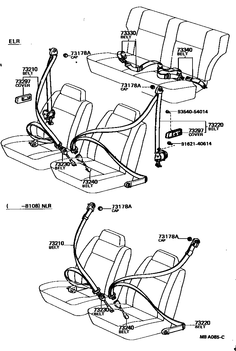 Toyota COROLLA 安全带和儿童保护座椅 EPC diagram — MBA085C