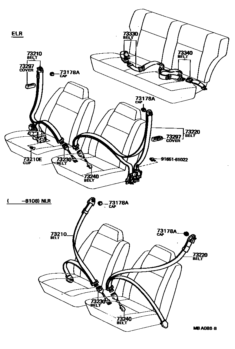 Toyota COROLLA 安全带和儿童保护座椅 EPC diagram — MBA086B