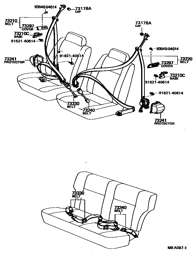 Toyota COROLLA 安全带和儿童保护座椅 EPC diagram — MBA087E
