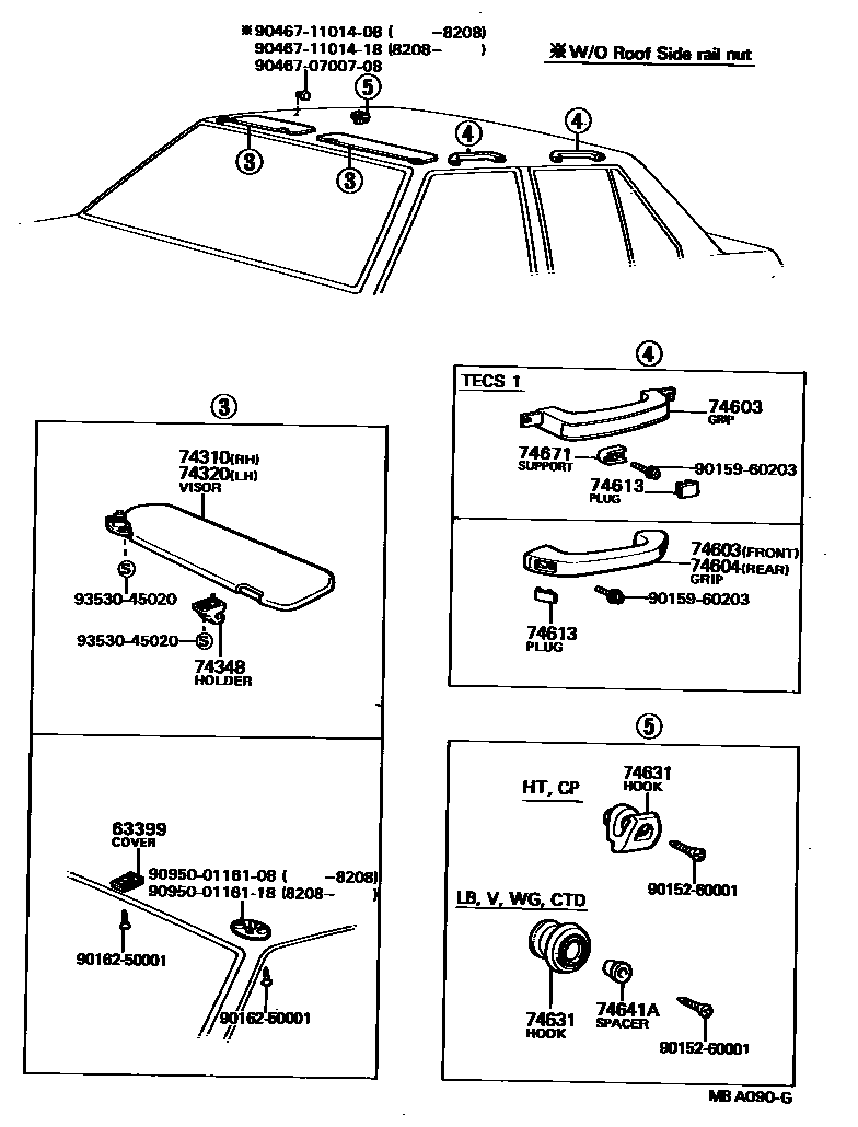 Toyota COROLLA 扶手和遮阳板 EPC diagram — MBA090G