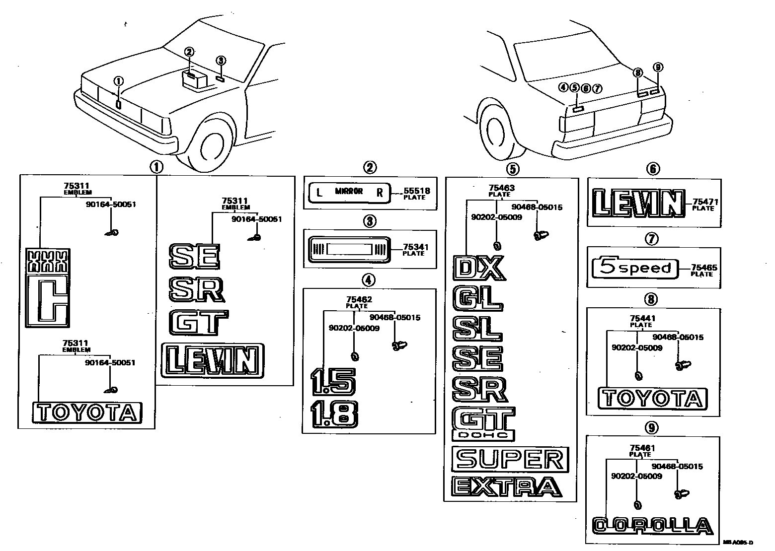 Toyota COROLLA 丰田徽标和铭牌(车外和车内) EPC diagram — MBA095D