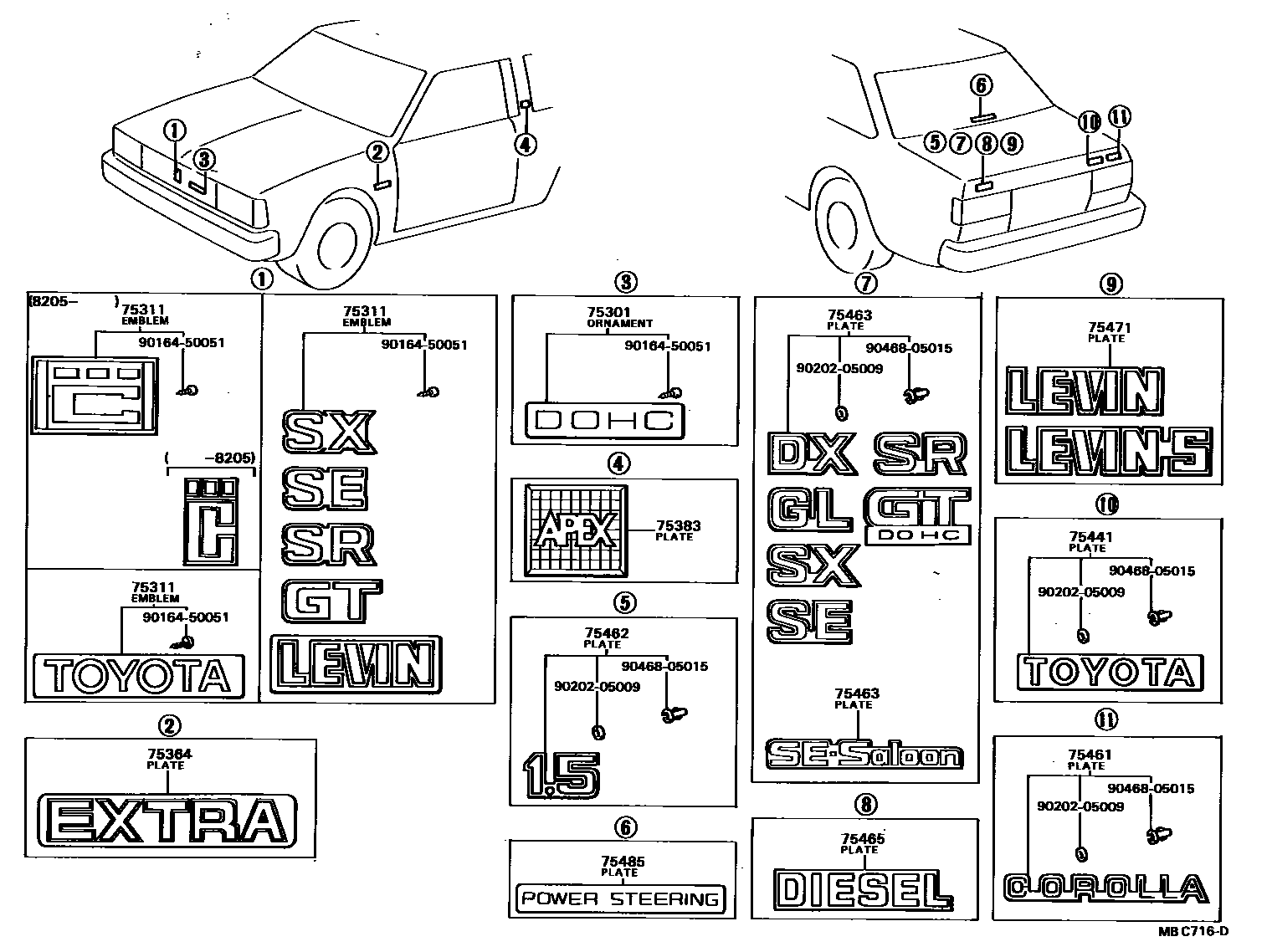 Toyota COROLLA 丰田徽标和铭牌(车外和车内) EPC diagram — MBC716D