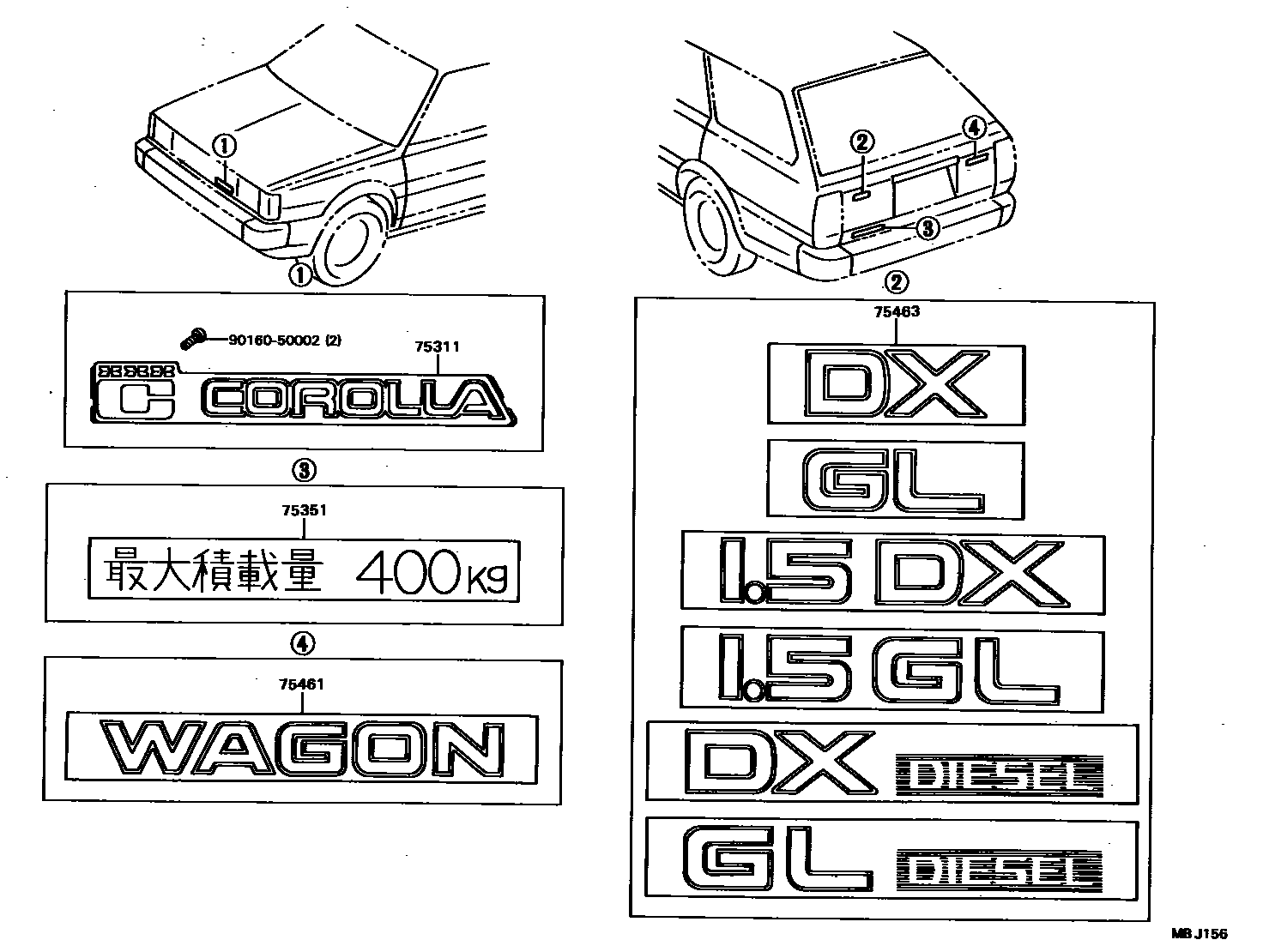 Toyota COROLLA 丰田徽标和铭牌(车外和车内) EPC diagram — MBJ156