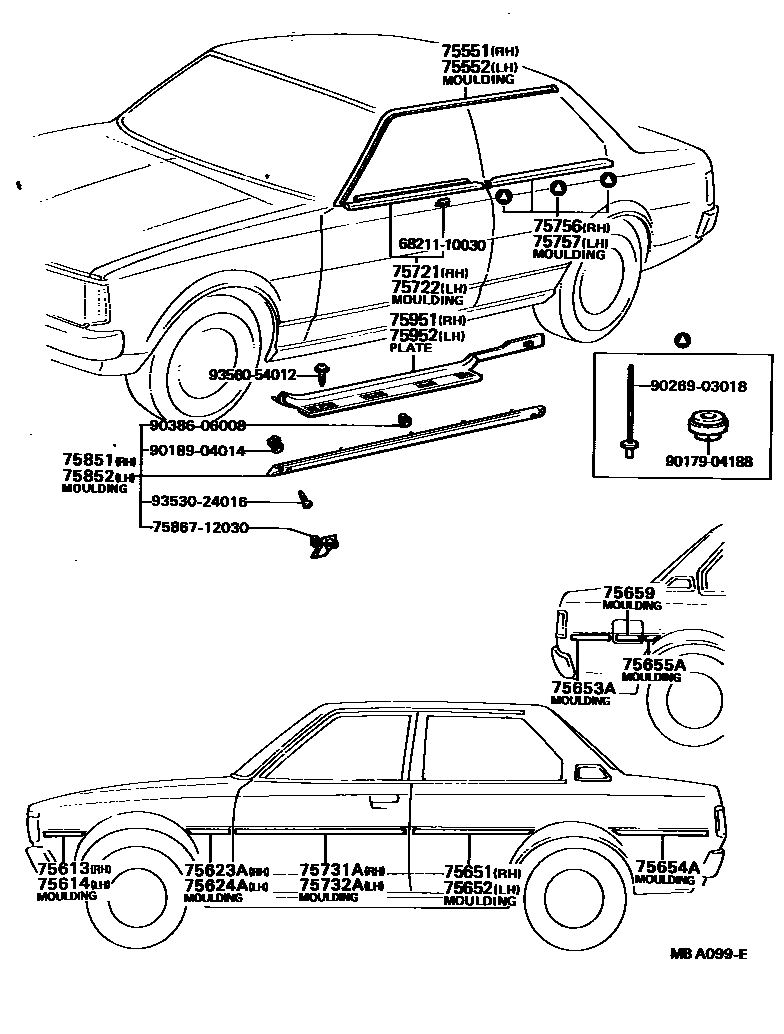 Toyota COROLLA 侧防护条 EPC diagram — MBA099E
