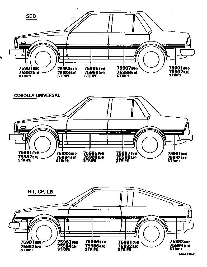 Toyota COROLLA 车身镶条 EPC diagram — MBA715C