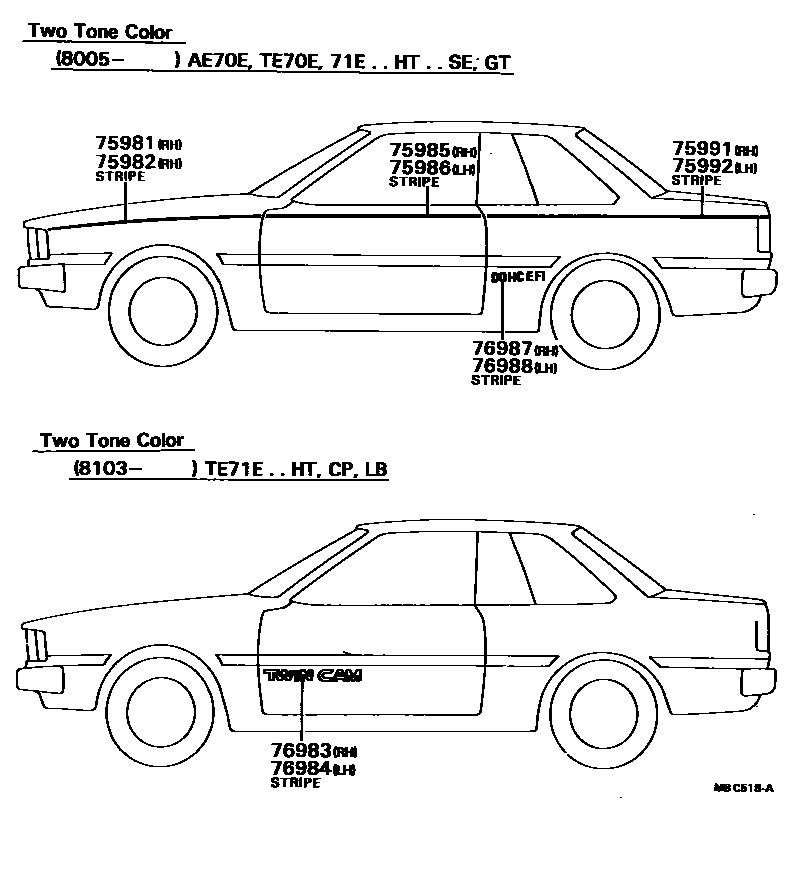 Toyota COROLLA 车身镶条 EPC diagram — MBC518A