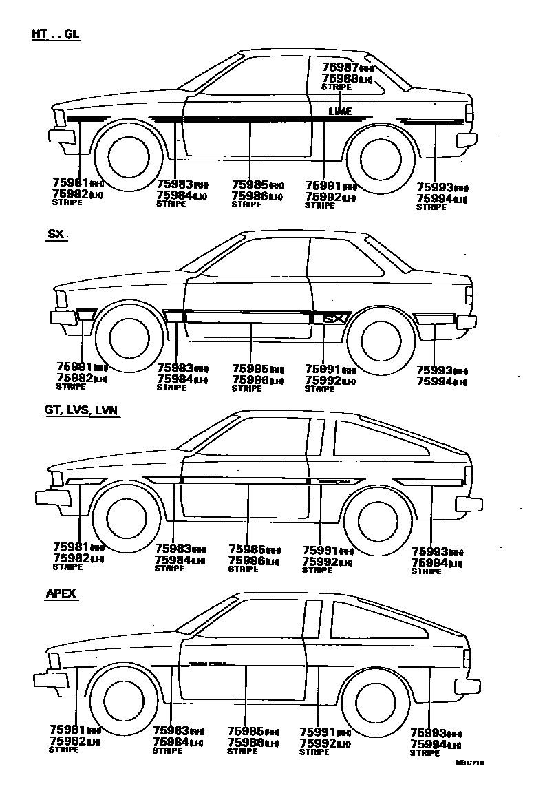 Toyota COROLLA 车身镶条 EPC diagram — MBC719
