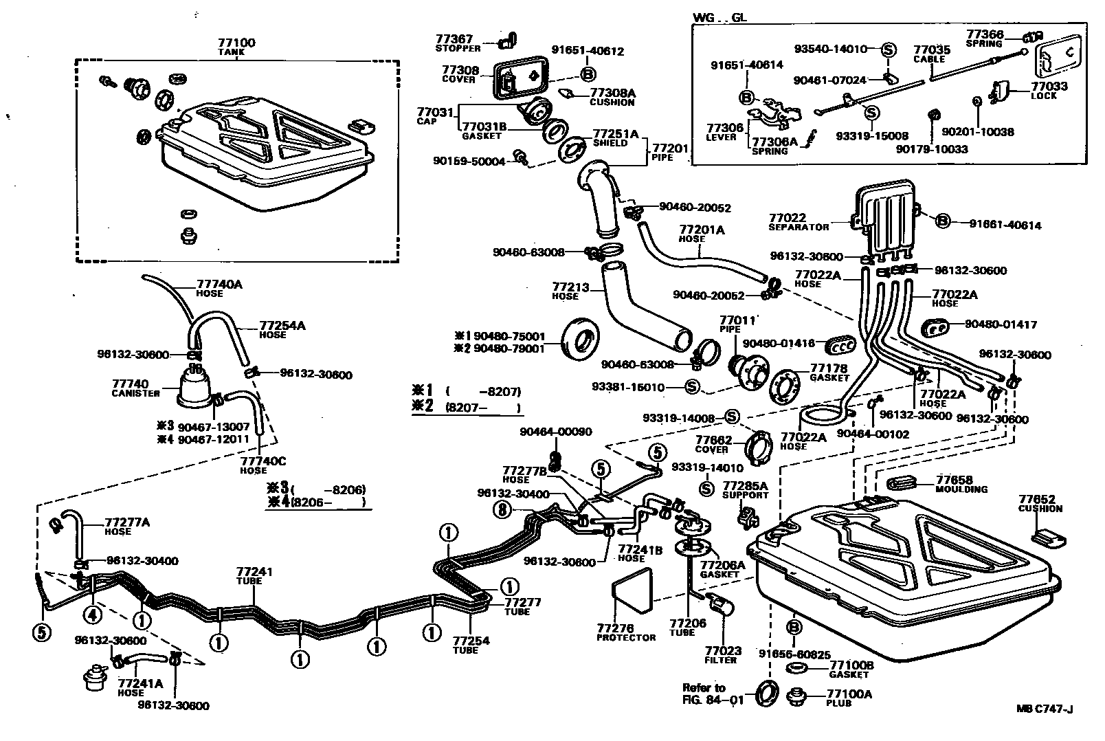 Toyota COROLLA 燃油箱和燃油管 EPC diagram — MBC747J