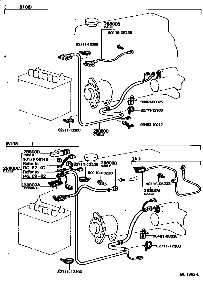 Toyota COROLLA 蓄电池和蓄电池电缆 EPC diagram — ME7862E