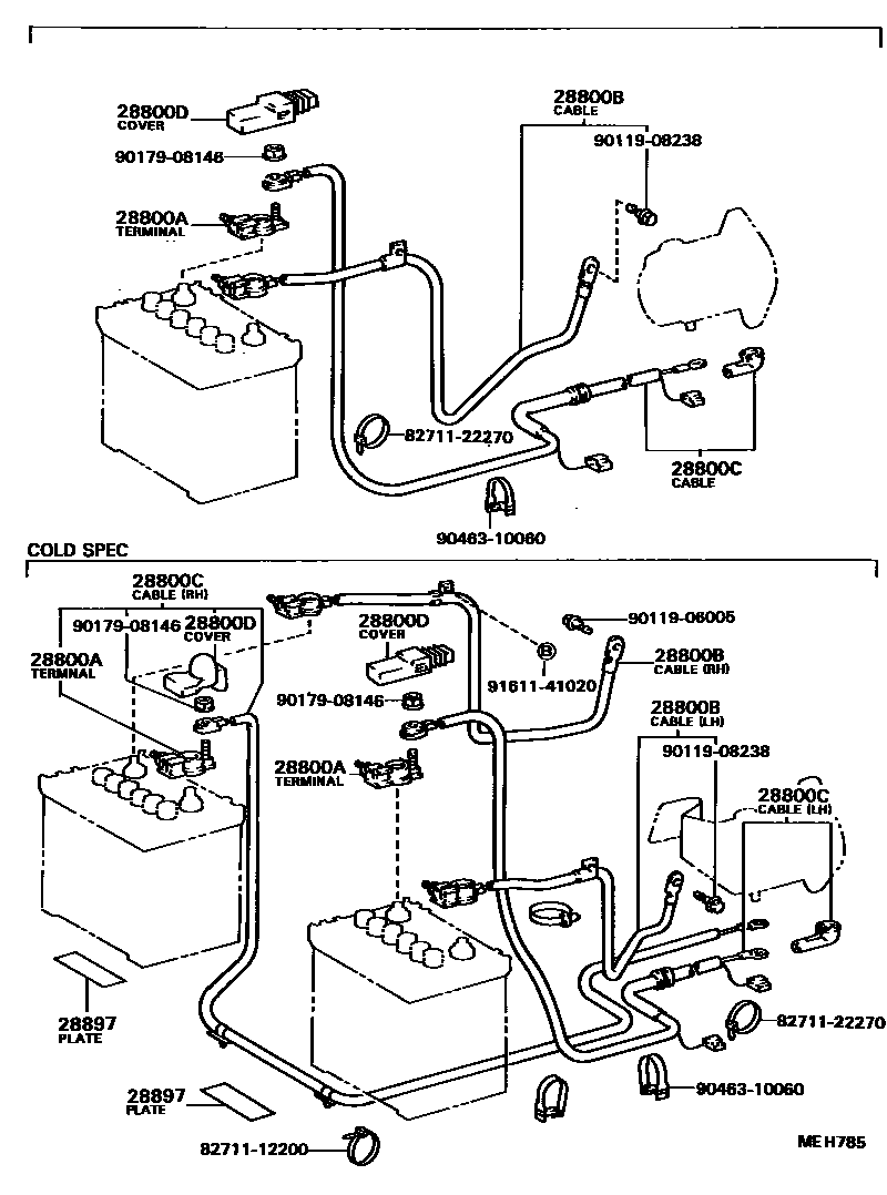 Toyota COROLLA 蓄电池和蓄电池电缆 EPC diagram — MEH785