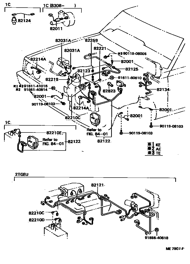 Toyota COROLLA 线束和卡夹 EPC diagram — ME7907F
