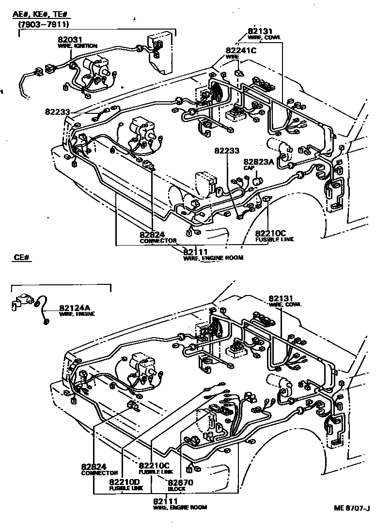 Toyota COROLLA 线束和卡夹 EPC diagram — ME8707J