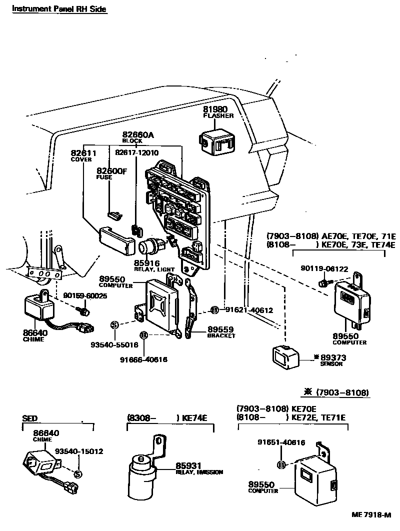 Toyota COROLLA 开关和继电器和ECU EPC diagram — ME7918M