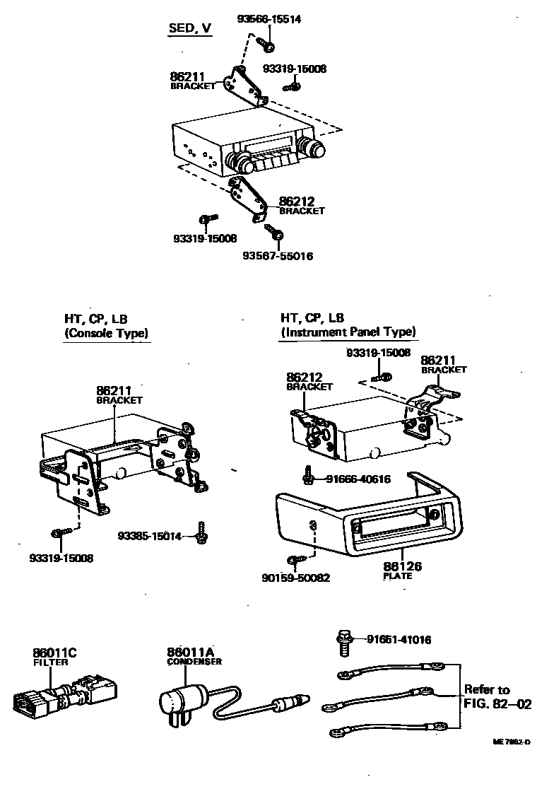 Toyota COROLLA 收音机、放大器和冷凝器 EPC diagram — ME7882D