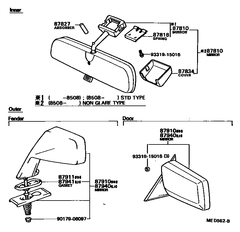 Toyota COROLLA 后视镜 EPC diagram — MED562B