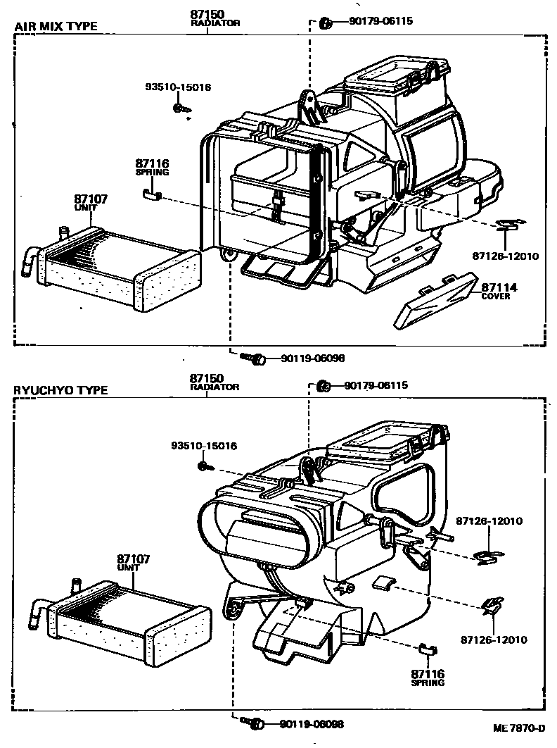 Toyota COROLLA 暖风和空调系统 - 加热装置和鼓风机 EPC diagram — ME7870D