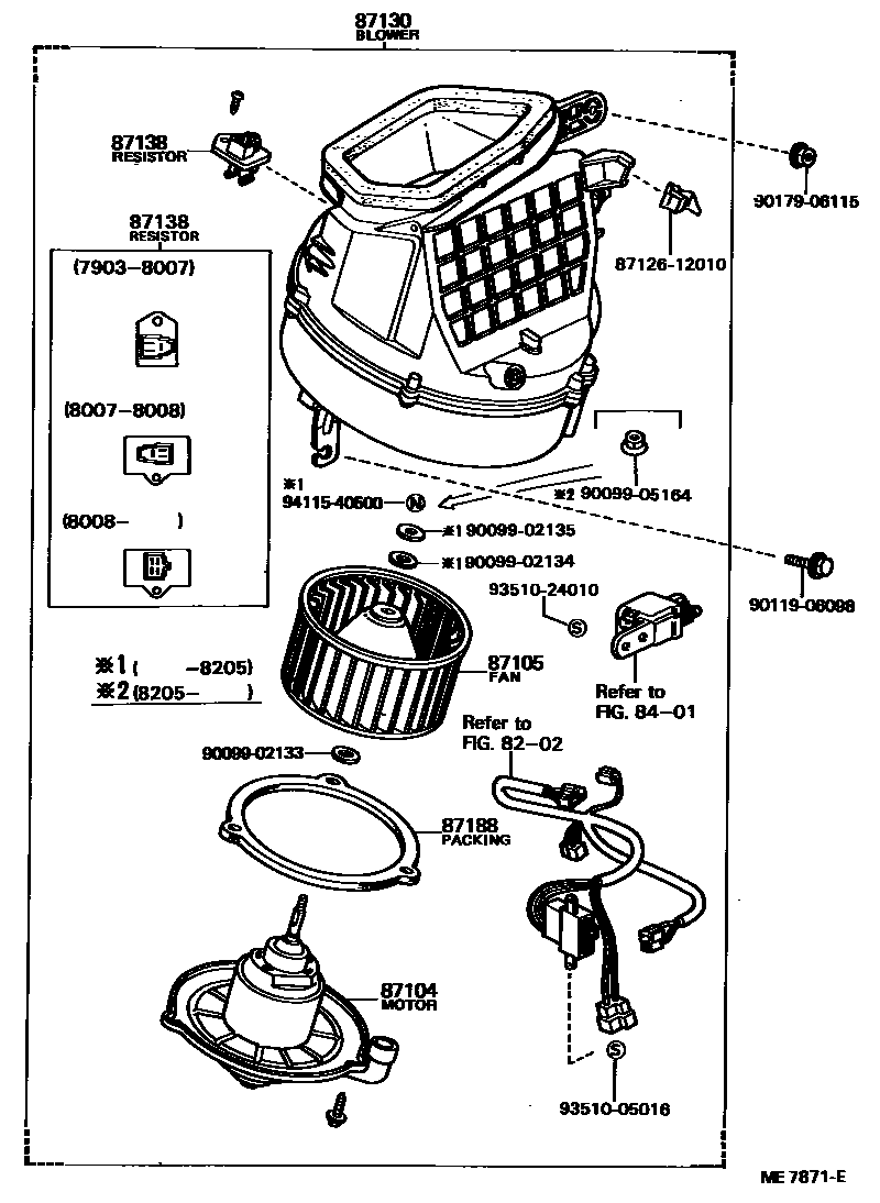 Toyota COROLLA 暖风和空调系统 - 加热装置和鼓风机 EPC diagram — ME7871E