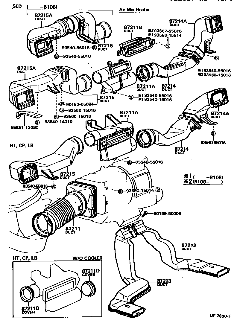 Toyota COROLLA 暖风和空调系统 - 控制器和风管 EPC diagram — ME7890F