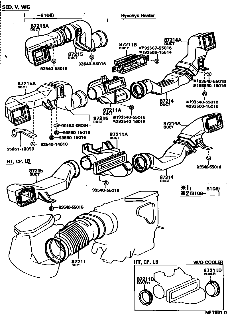 Toyota COROLLA 暖风和空调系统 - 控制器和风管 EPC diagram — ME7891D